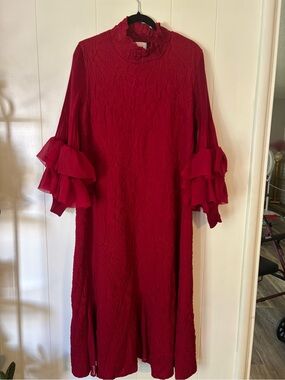 Ruffled Sleeve Red Midi Dress